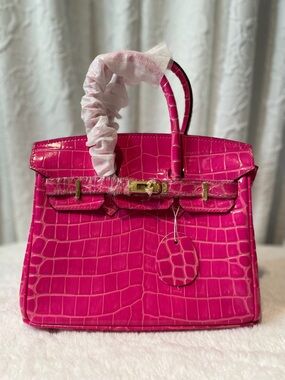 Fuchsia Croc-Embossed Top-Handle Satchel